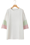 White Textured Colorblock Patchwork Half Sleeve Plus T Shirt