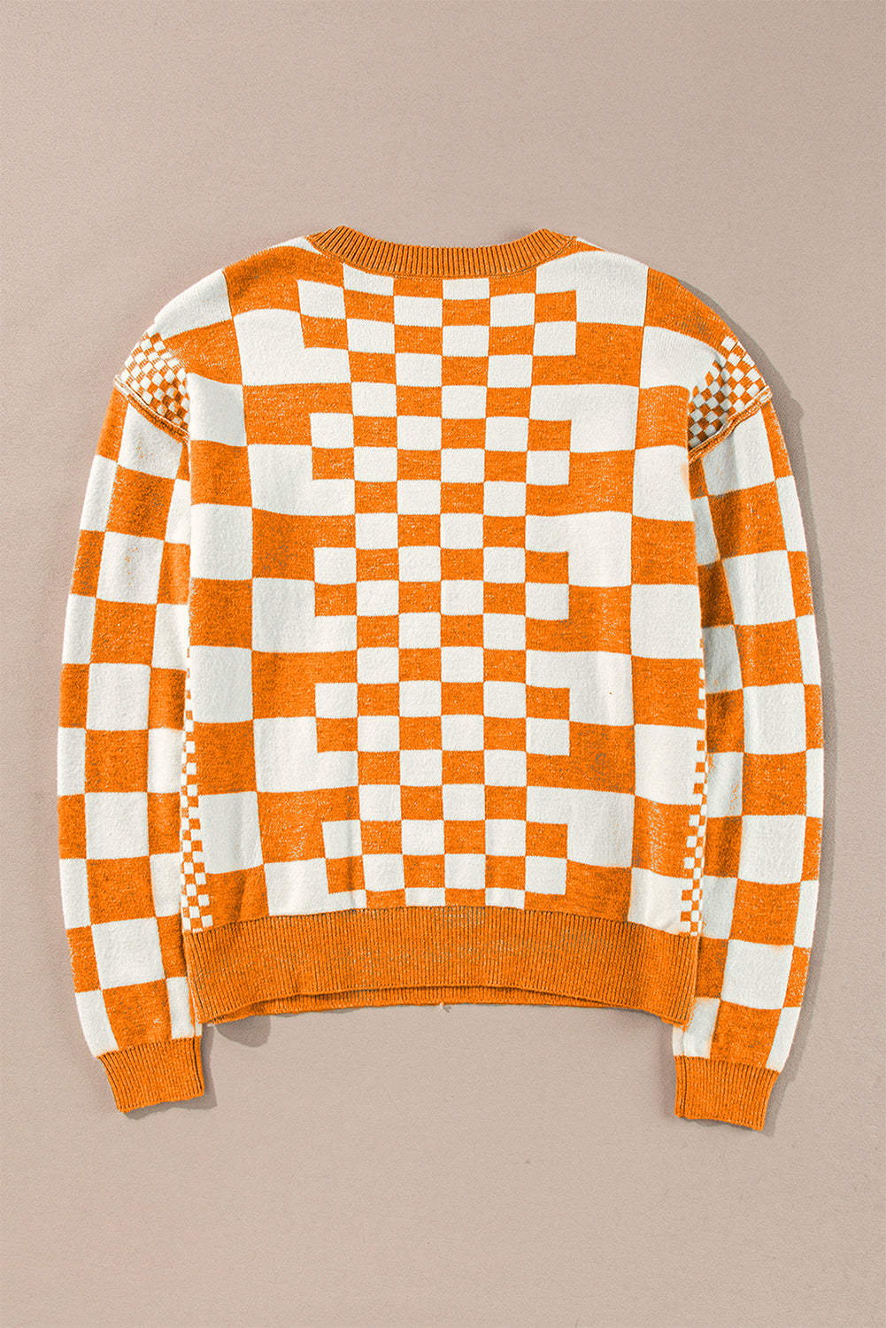 Carrot Checkered Drop Shoulder Round Neck Sweater