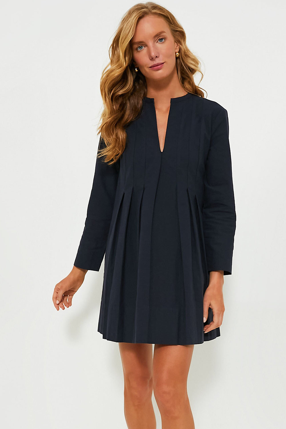 Dirty Blue Plain V Neck Pleated Short Dress