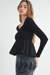 Black Pleated Hem Long Sleeve Ribbed Knit Top