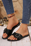 Black Buckled Strap Faux Leather Flat Chic Slippers