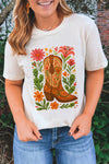 White Floral Boots Printed Casual Cotton Blend T Shirt