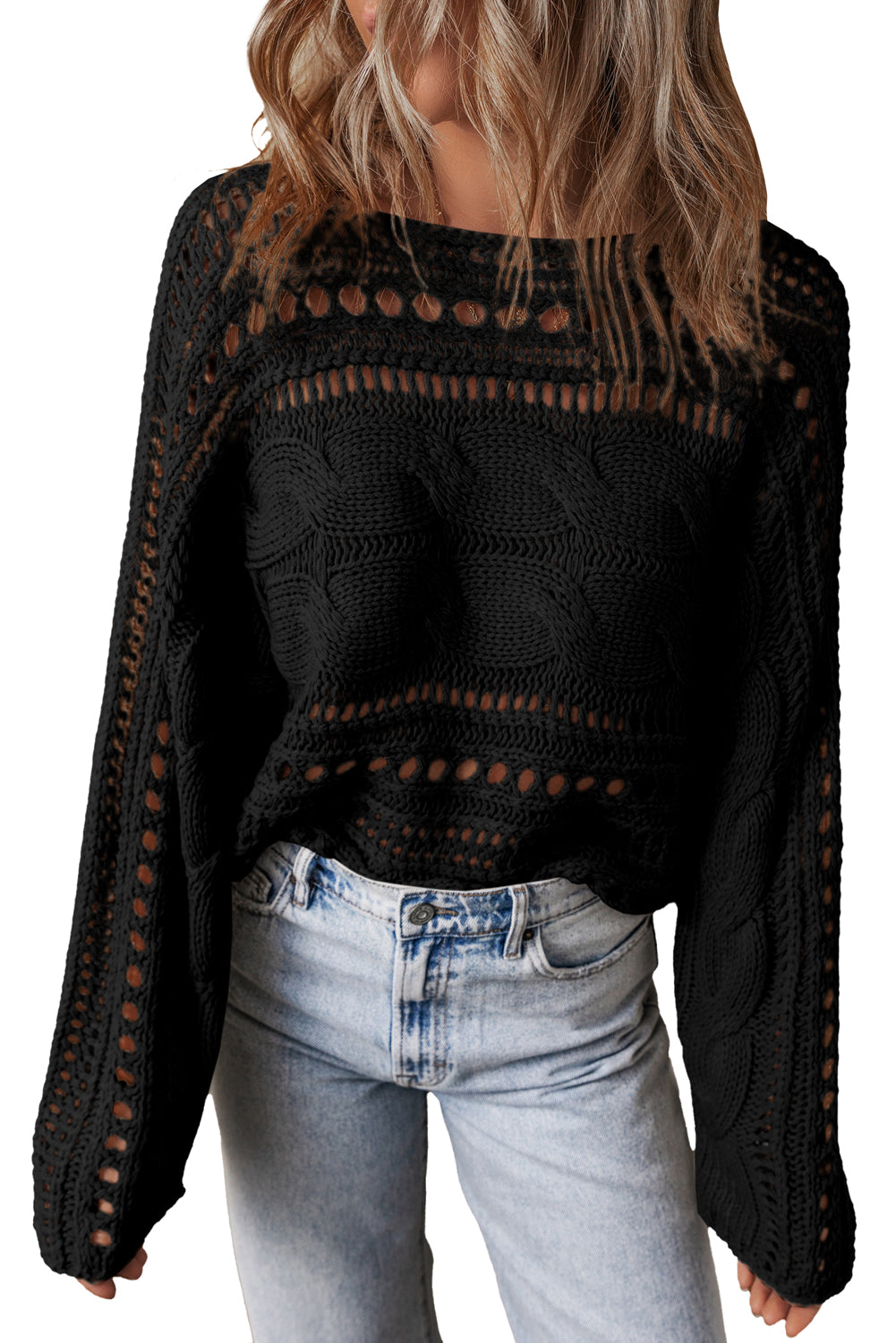 Blackish Green Hollow Out Cable Knit Cropped Sweater