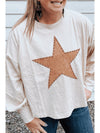 Beige Star Pattern Studded Crew Neck Plus Size Top