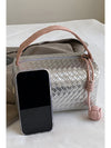 Silvery Lattice Texture Corded Ball Decor Weaven Handle Cosmetic Bag