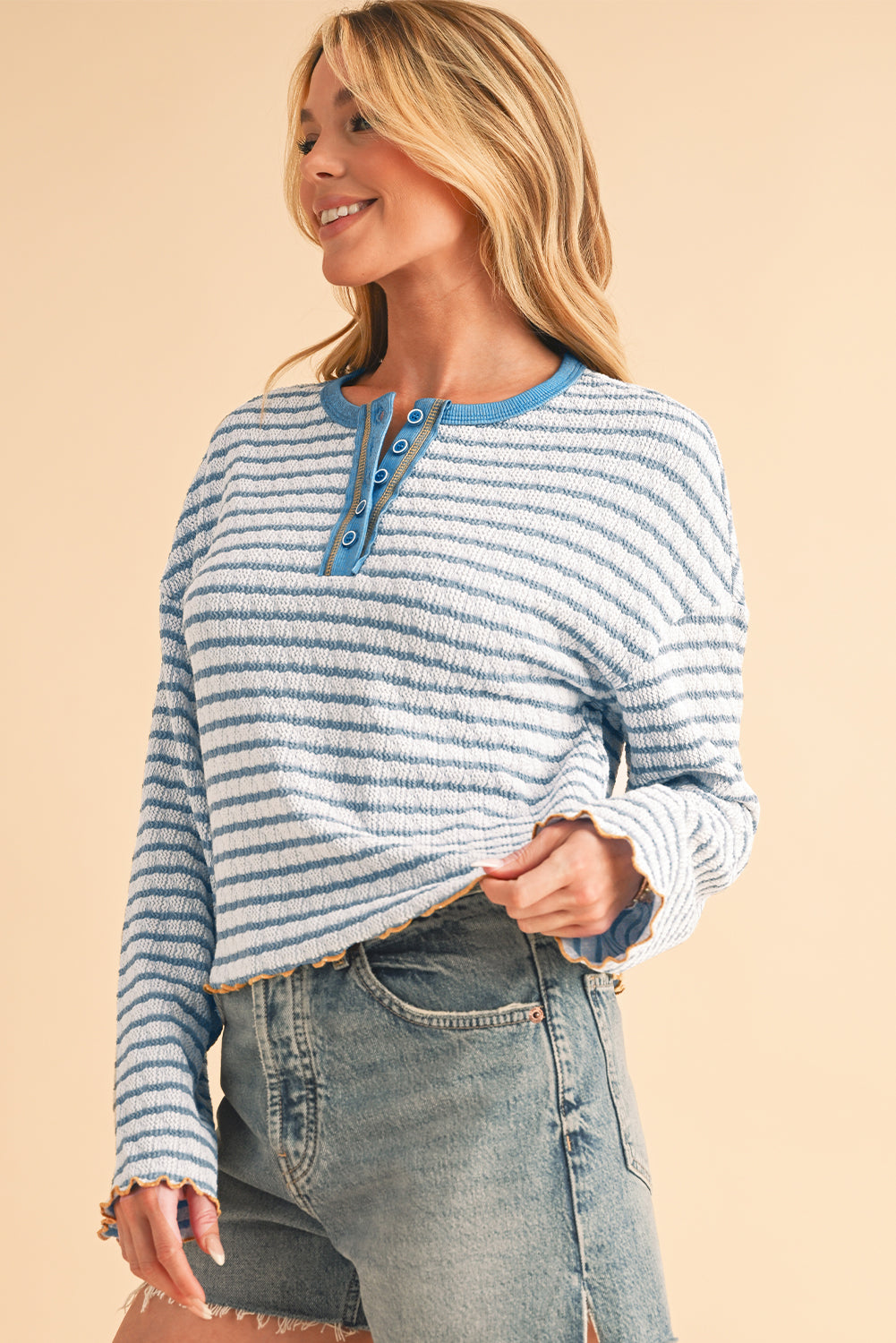 Sky Blue Stripe Textured Long Sleeve Henley Top