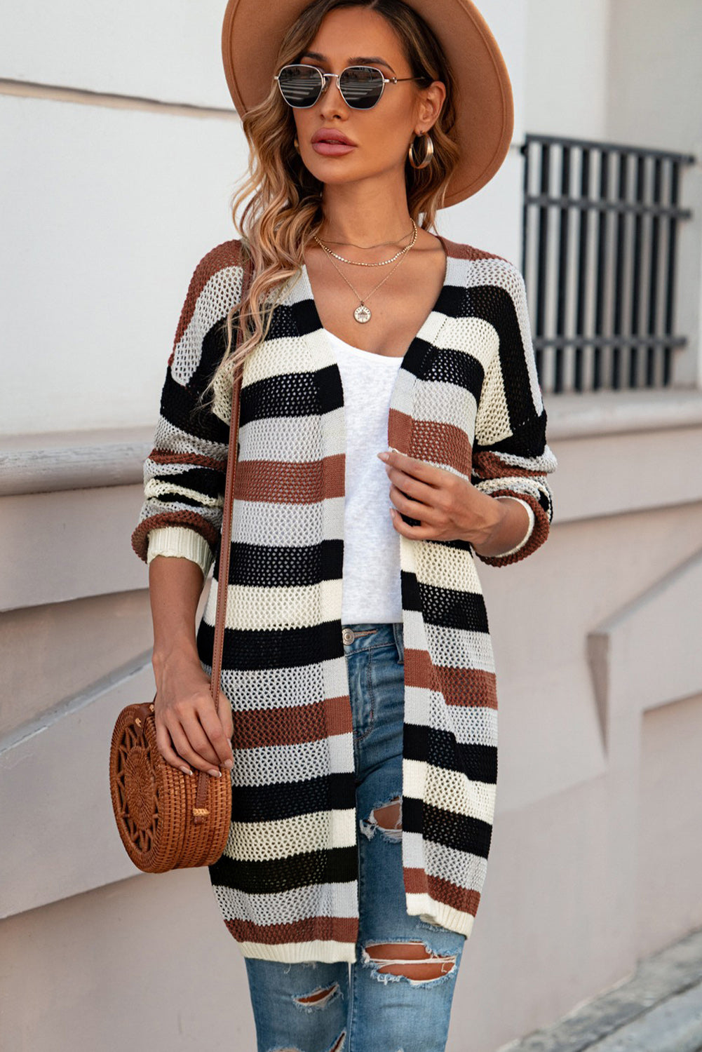 Black Striped Color Block Casual Hollow Cable Knit Cardigan