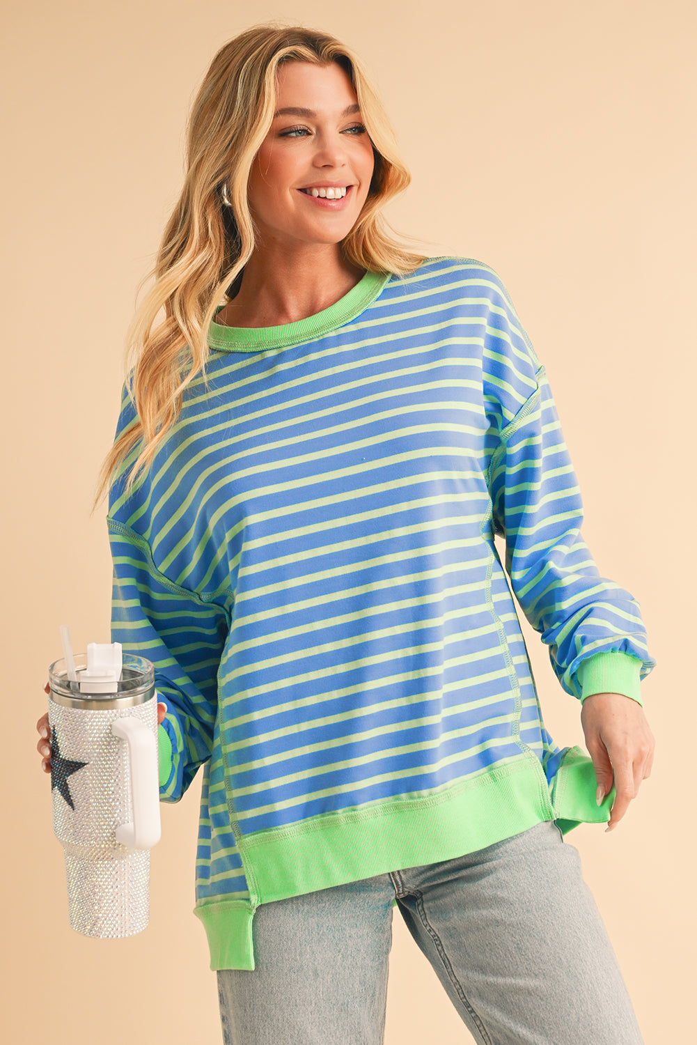 Sky Blue Stripe Contrast Trim High Low Tunic Sweatshirt