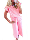 Pink Textured Pearl Ruffle Sleeve Wide Leg Two Piece Pants Set