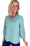 Moonlight Jade Frill V Neckline Puff Sleeve Crinkled Blouse