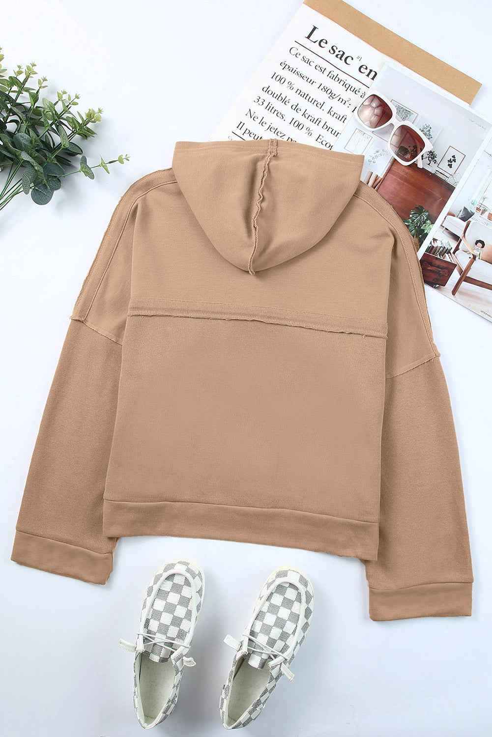 Khaki Solid Color Casual Button Seam Trim Hoodie