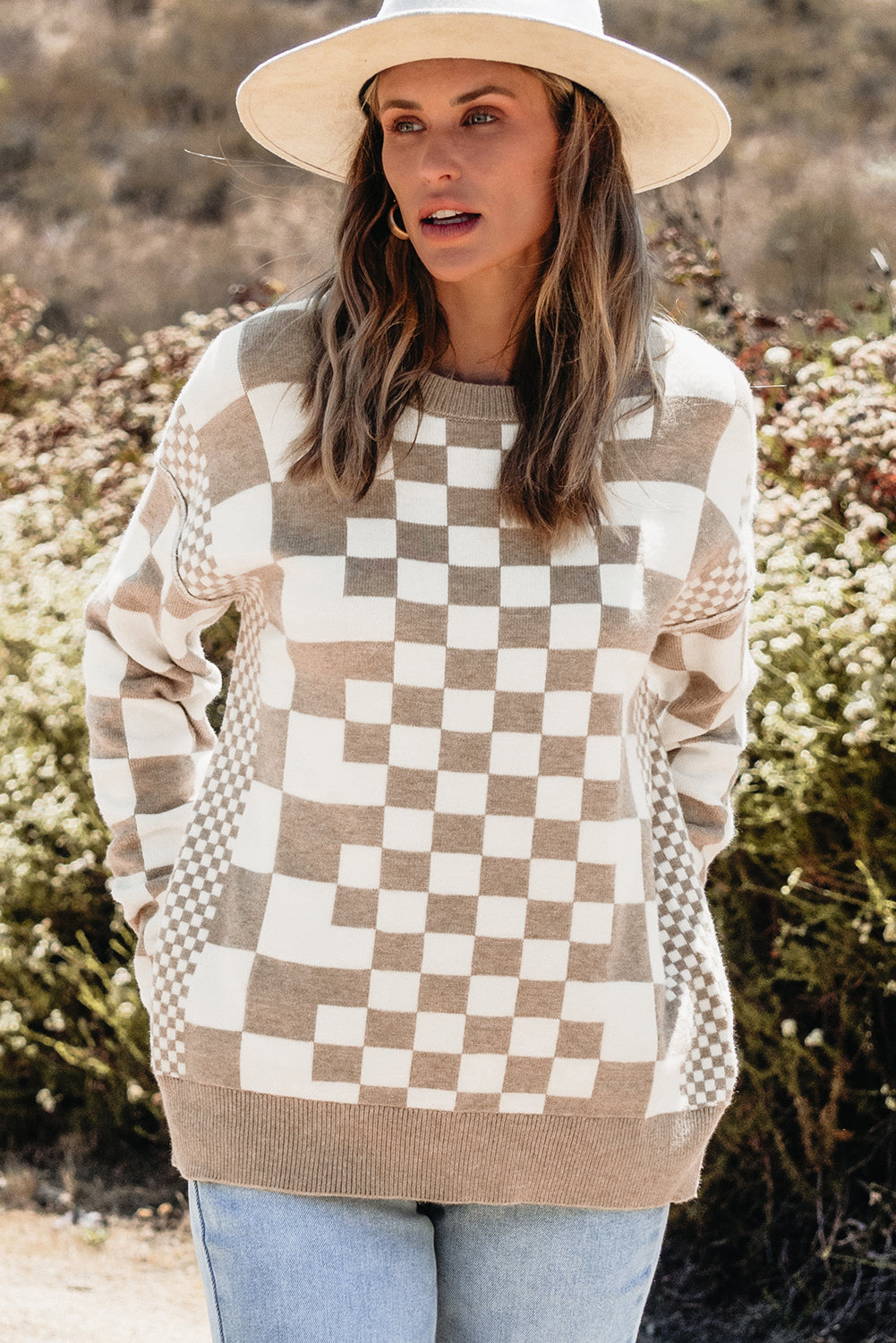 Carrot Checkered Drop Shoulder Round Neck Sweater