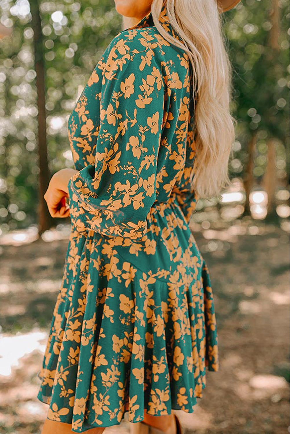 Green Floral Print Drawstring Flowy Short Dress