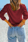 Navy Blue Waffle Knit Drop Shoulder Long Sleeve Top