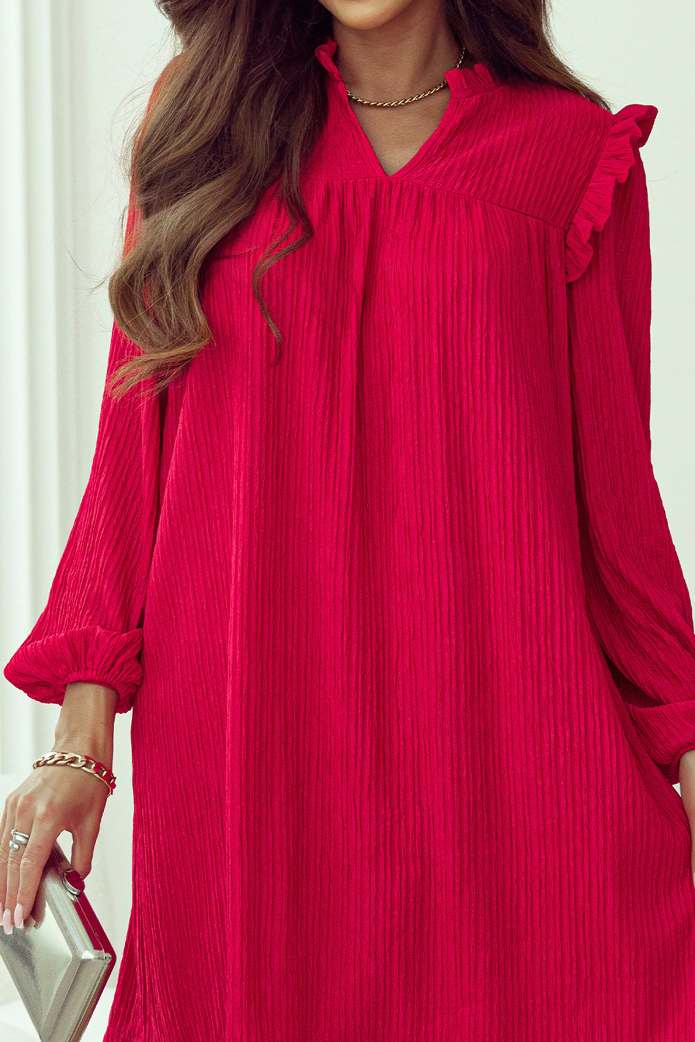 Fiery Red Frill Trim V Neck Loose Fit Ribbed Mini Dress