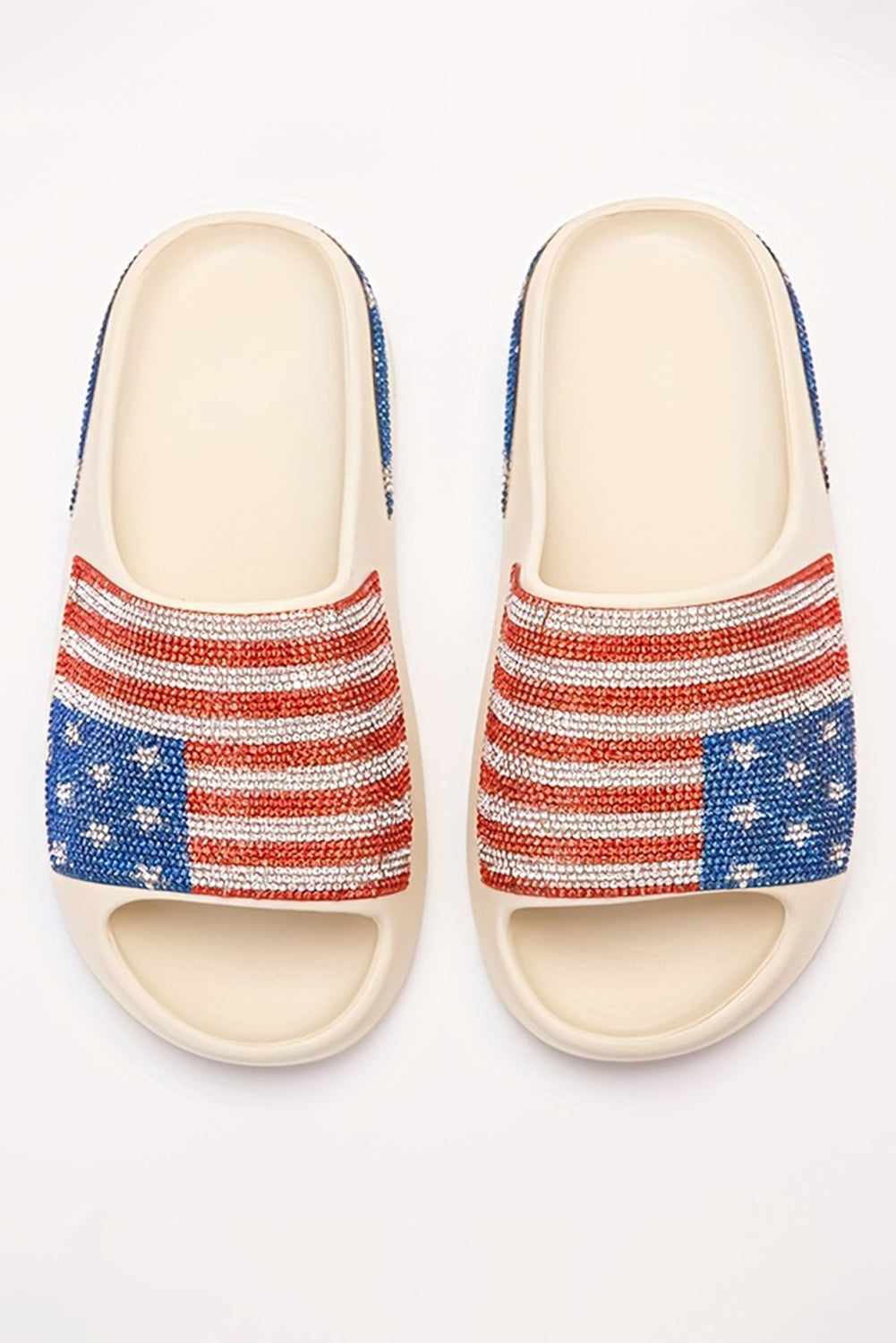 White Rhinestone American Flag Thick Sole Slides Shoes