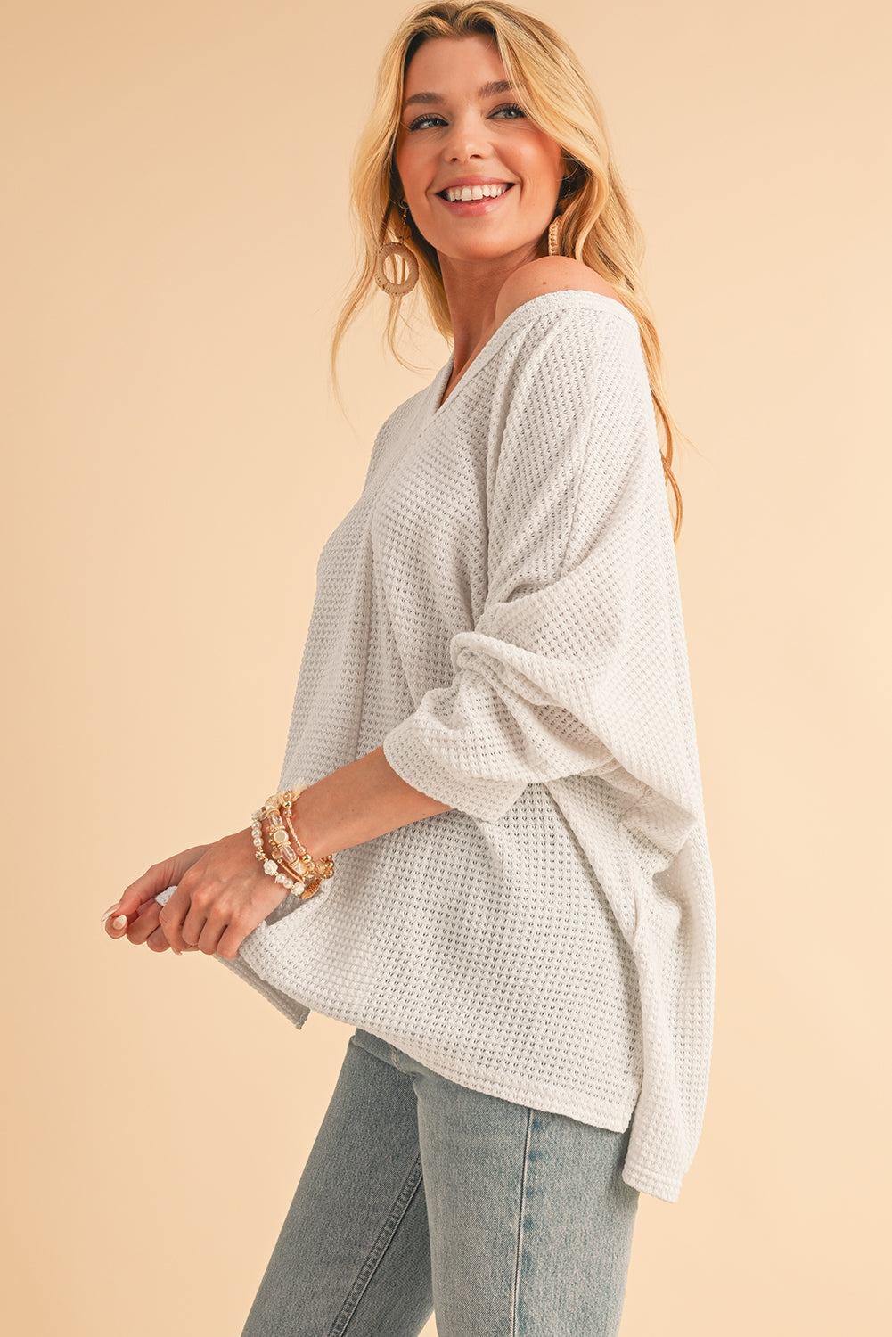 White Waffle Knit Side Slits Loose Fit V Neck Top