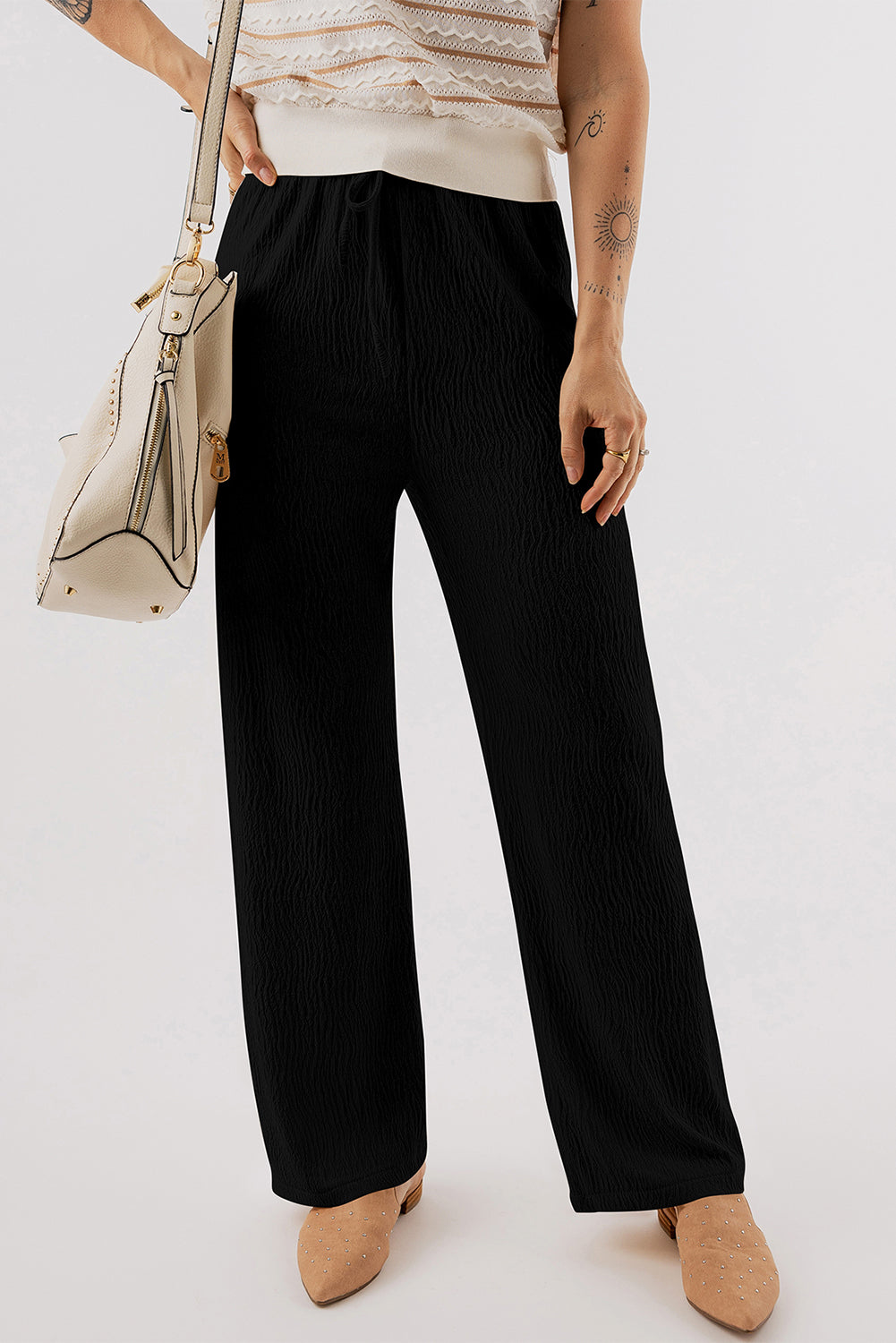 Black Solid Color Textured Loose Drawstring Pants