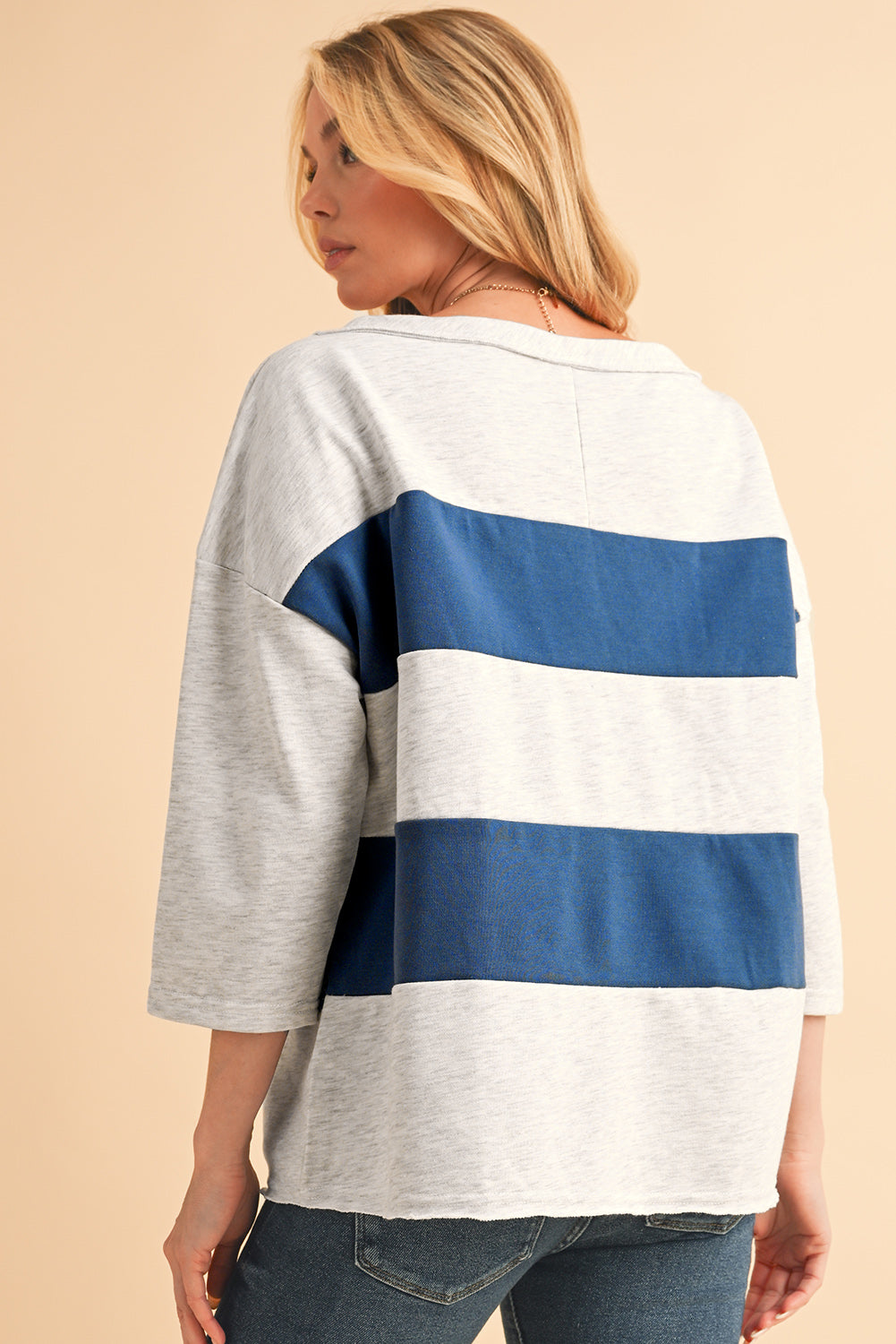 Sail Blue Striped Patchwork 3/4 Sleeves Raw Edge Sweatshirt