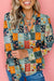 Sky Blue Checkered Floral Patchwork V Neck Blouse