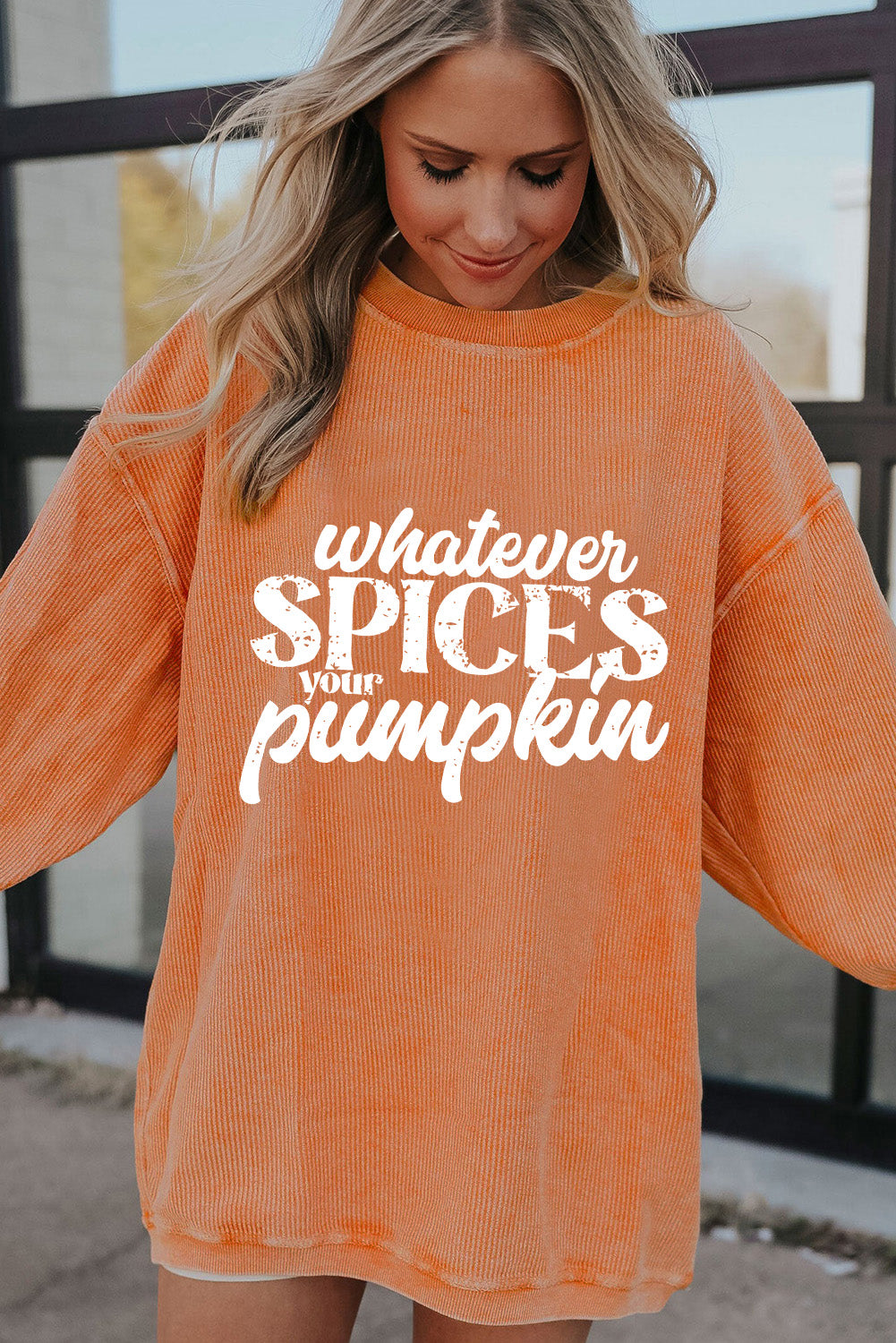 Orange Crinkle Rib Whatever Spices Your Pumpkin Graphic Sweatshirt