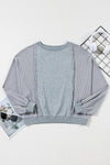 Long Sleeve Tops Light Grey Waffle Patchwork Long Sleeve Pullover Top.