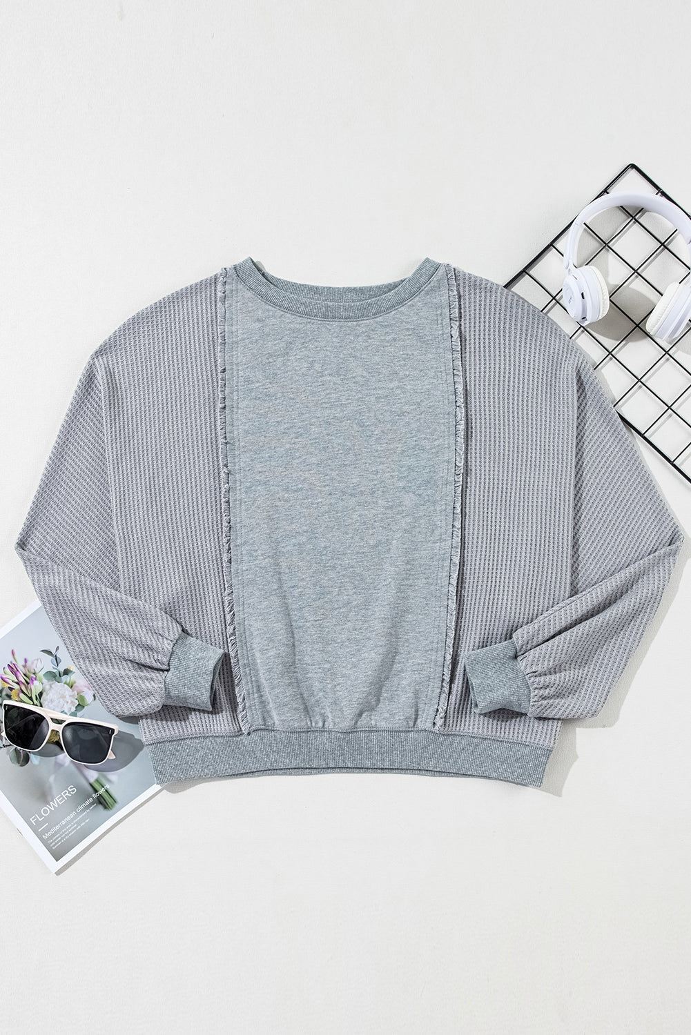 Long Sleeve Tops Light Grey Waffle Patchwork Long Sleeve Pullover Top.