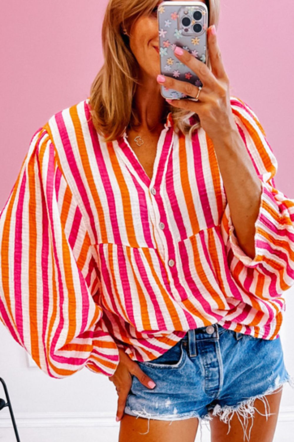 Striped Notched Flounce Sleeve Blouse