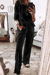 Loungewear Set Black Textured Long Sleeve Top and Pants Lounge Set.