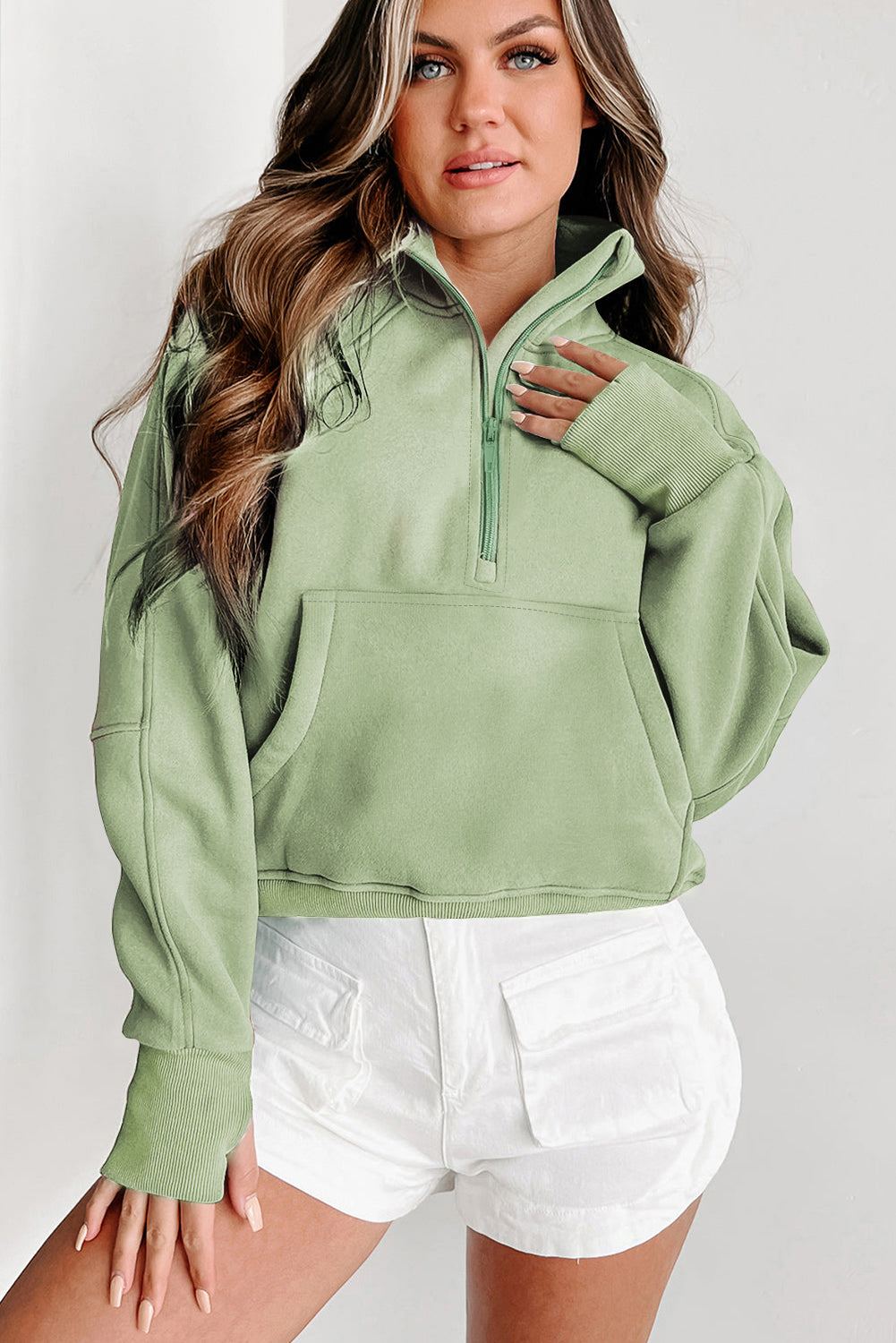 Parchment Quarter Zip Stand Neck Kangaroo Pocket Sweatshirt