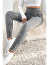 Gray Wide Waistband Ribbed Textured Knit Leggings