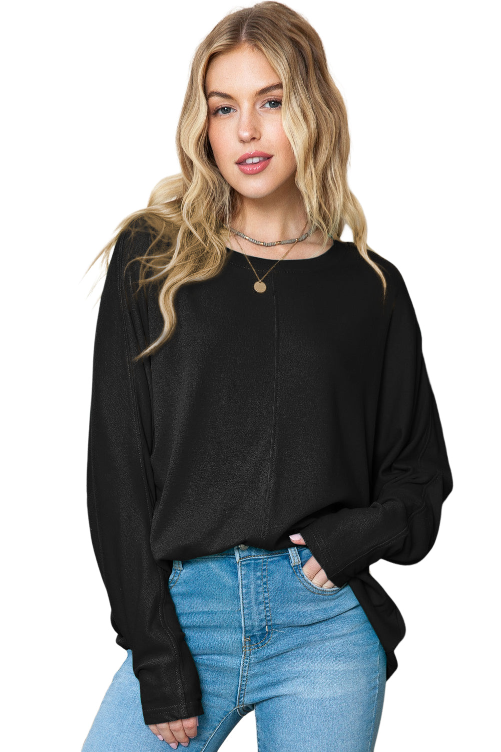 Green Plain Solid Color Casual Seam Long Sleeve Top