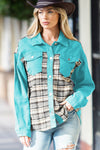 Sky Blue Plaid Patchwork Pockets Denim Jacket