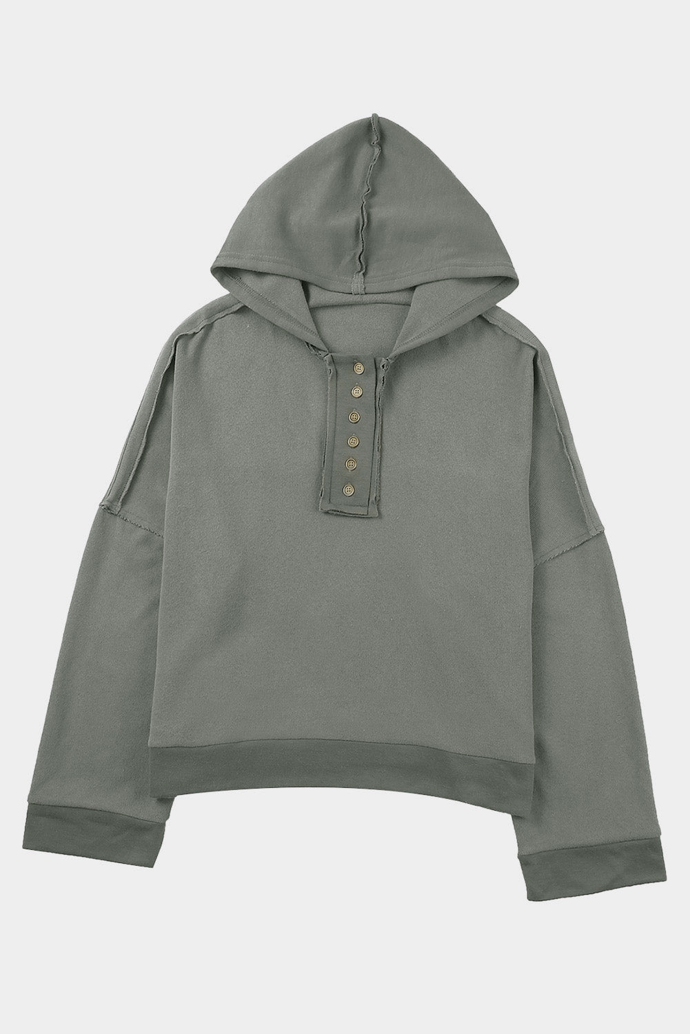 Khaki Solid Color Casual Button Seam Trim Hoodie