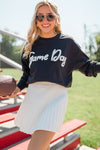 Black Chenille Game Day Letter Patched Drop Shoulder Sweatshirt