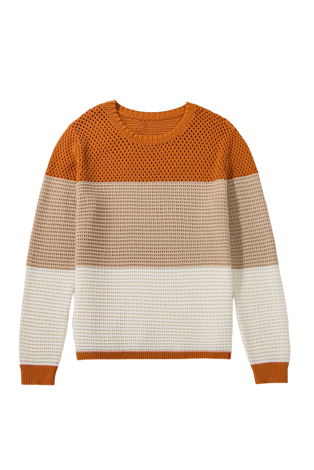 Orange Colorblock Round Neck Hollow Knit Sweater