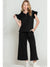 Black Textured Ruffle Cap Sleeve Top and Wide Leg Pants Set