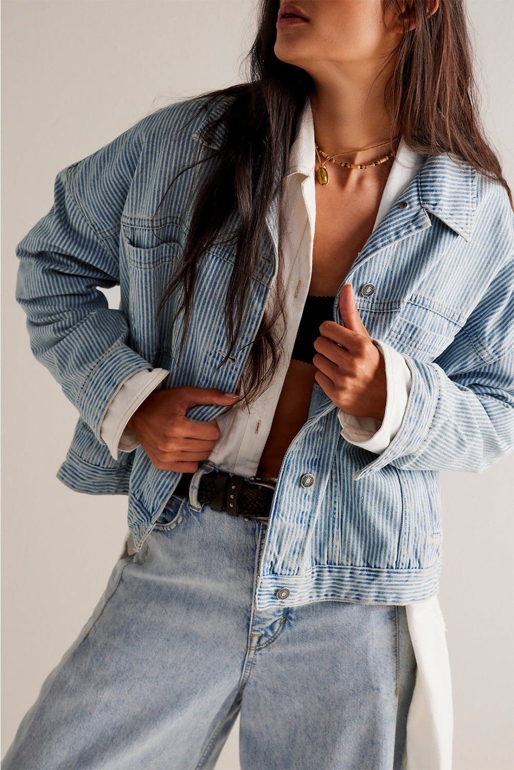 Blue Stripe Washed Oversized Pocketed Denim Jacket