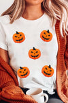 White Chenille Halloween Pumpkin Patched Casual T Shirt