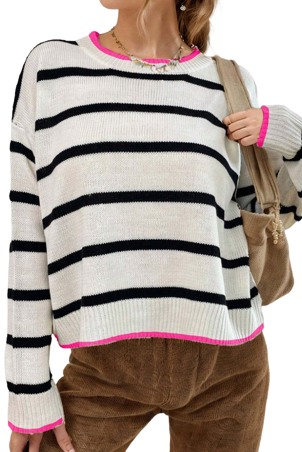 White Stripe Contrast Trim Drop Shoulder Sweater