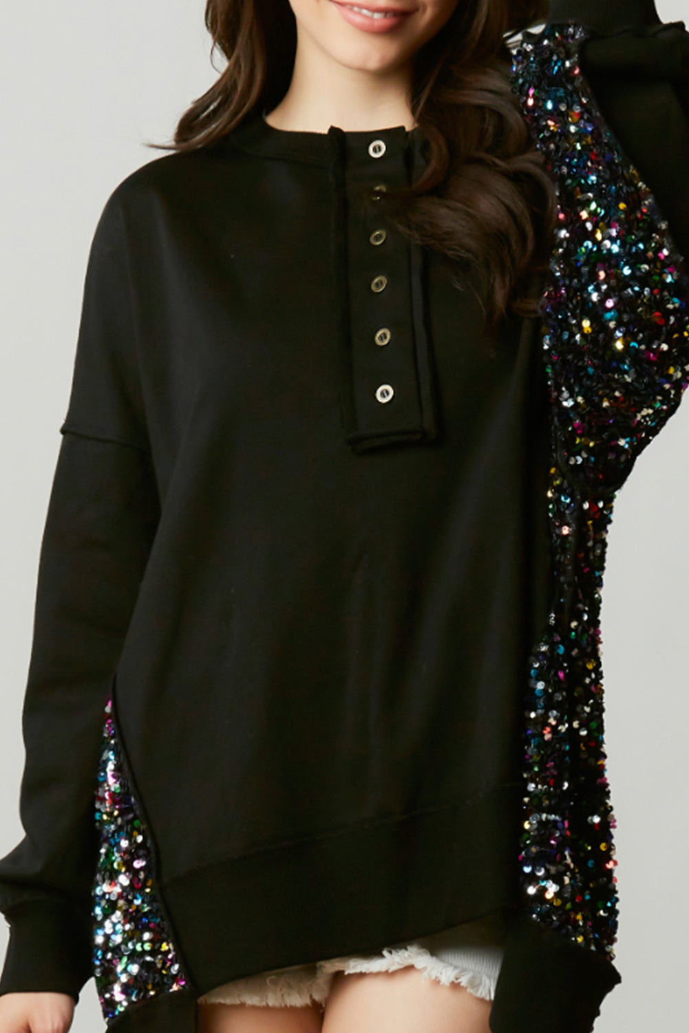 Black Sequin Patchwork Henley Sweatshirt