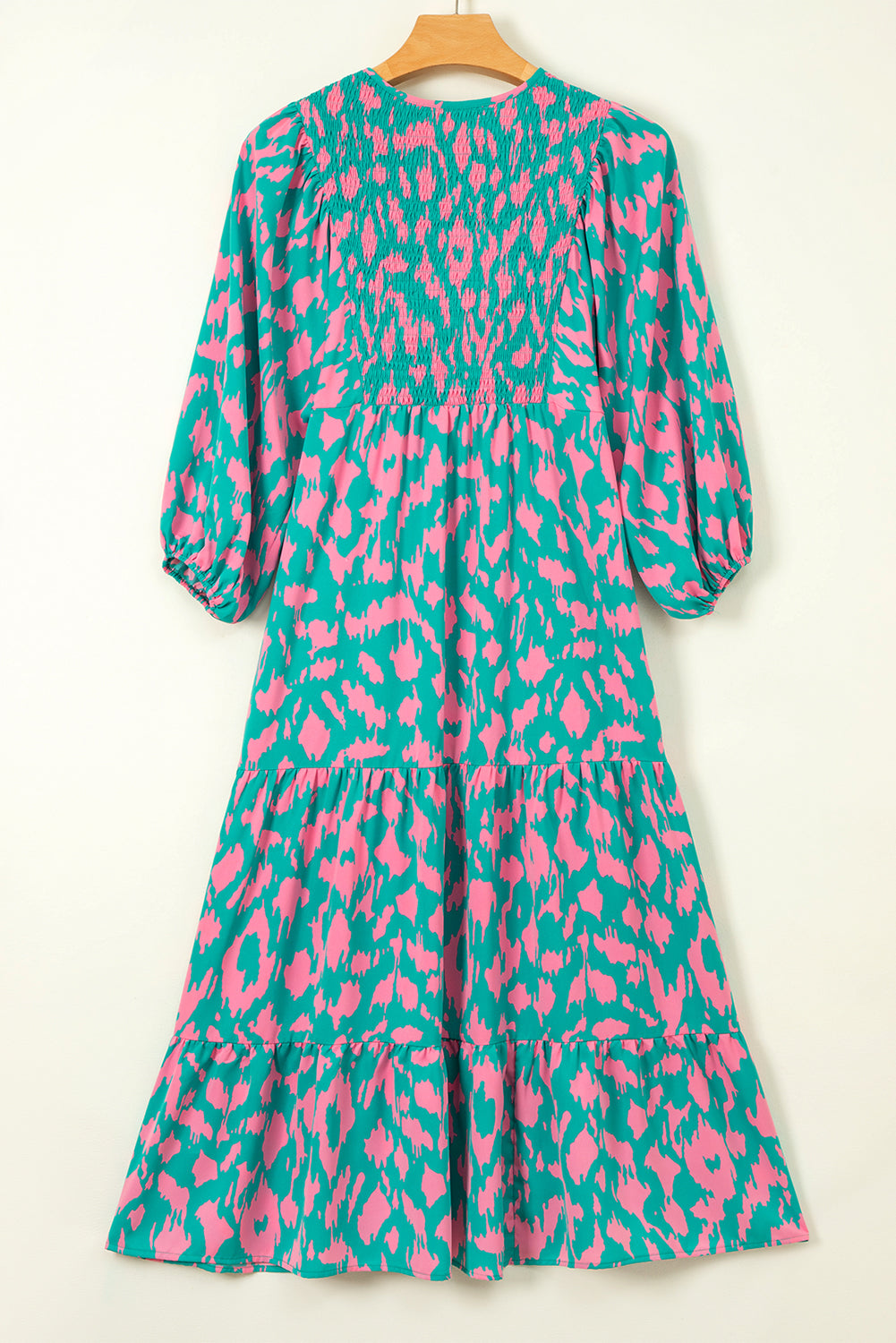 Sky Blue Abstract Print Puff Sleeve Smocked V Neck Maxi Dress