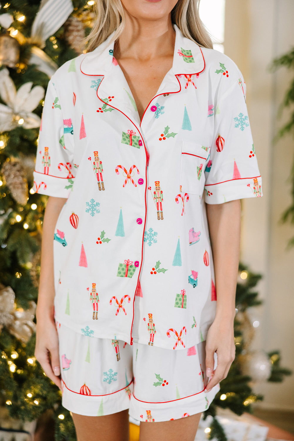 White Christmas Short Sleeve Shirt and Shorts Loungewear Set