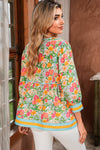 Green Floral Print Striped Trim Puff Sleeve Babydoll Blouse