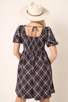 Mittoshop Checkered Print Puff Sleeve Babydoll Mini Dress