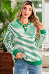 Bright Green Striped Contrast Trim Long Sleeve Top