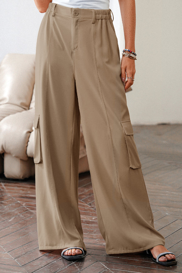 Camel Solid Color Elastic High Waist Loose Cargo Pants