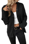 Black Button Up Drop Shoulder Knit Hooded Cardigan