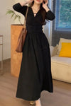 Black V-Neck Pinch Pleat Waisted Long Sleeve Maxi Dress