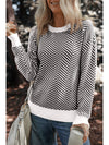 Coffee Stripe Contrast Edge Crew Neck Drop Shoulder Sweater